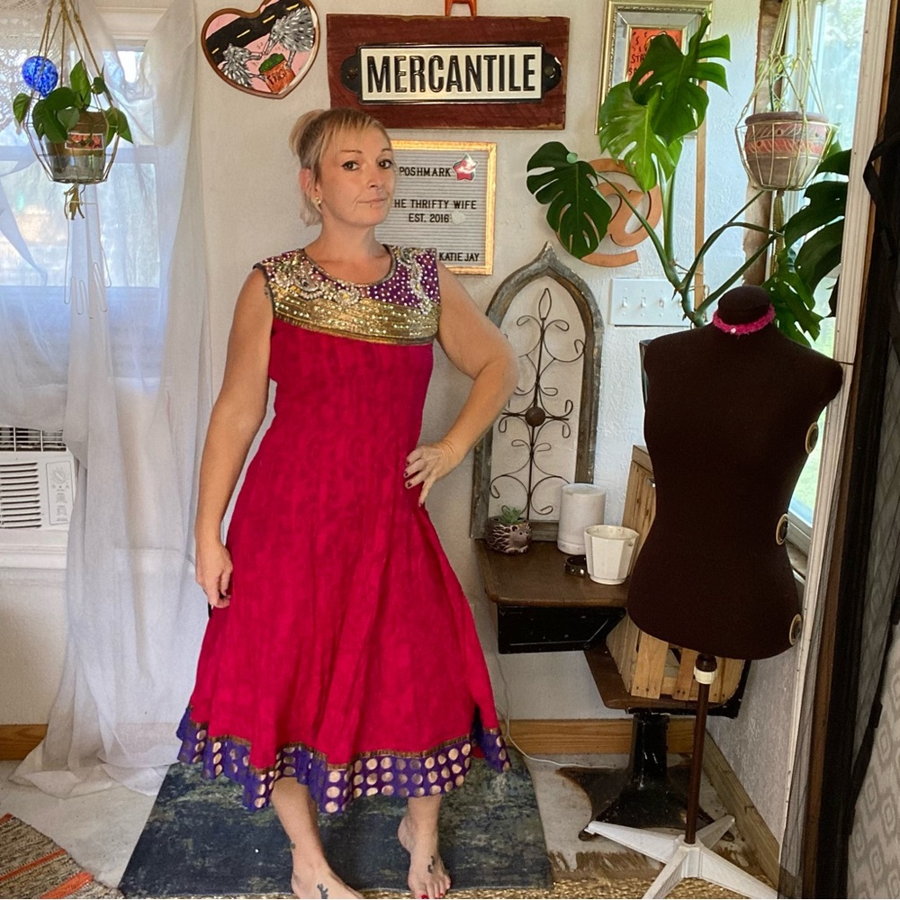 Traditional Handbeaded Fuchsia & Purple Full Length Dress Size Medium